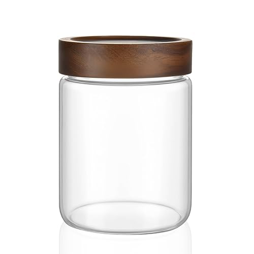 MOLADRI 18 oz/550 ml Clear Glass Storage Canister with Airtight Wooden Lid, Small Overnight Oats Containers, Cute Decorative Salad Jar for Snacks Yogurt Spice Sugar Cereal Fruit Coffee Tea