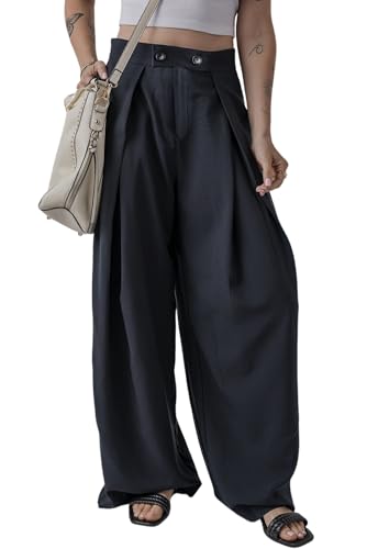 Urchics Womens Casual Pants Dirty Blue Dual Buttoned High Waist Pleated Wide Leg Pants