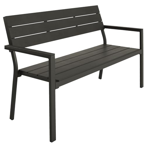 TecTake® Banco de Jardín Moderno para Dos Personas, Estructura de Aluminio Resistente, Banco Jardin, Asiento de Poliestireno Efecto Madera, Ideal para Patio y Terraza Exterior - Oscuro