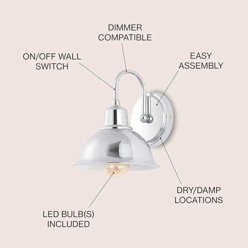 Image of JONATHAN Y 8 inch Chrome Farmhouse Industrial 1-Light LED Vanity Wall Sconce for Bathroom Mirror Kitchen, Metal Shade, Dimmable Vintage Lighting, LED Bulb Included JYL7481A