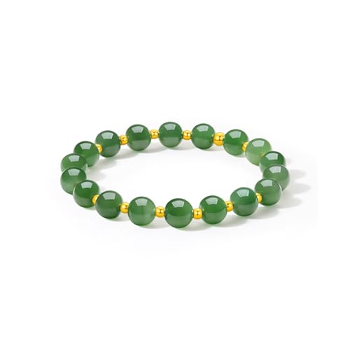 24K Solid Gold Green Jade Bracelet Pure Real Gold Stretch Beaded Bracelet Gold Jewelry for Women Lover Mom Y1912155