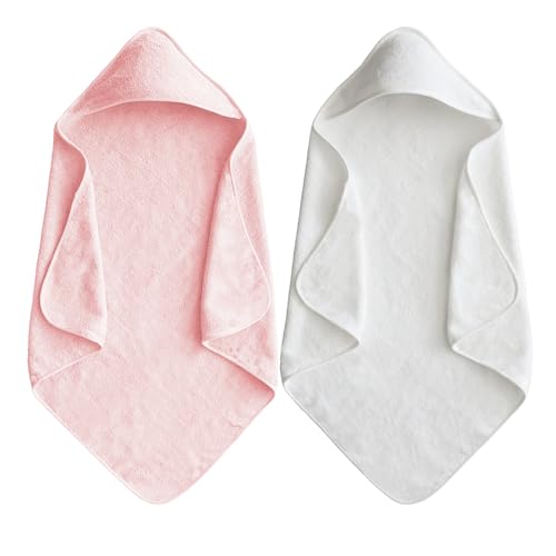 Image of Baby Hooded Bath Towel 31.5 inchx31.5 inch Ultra Absorbent Cloud-Soft Cozy Coral Fleece, for Newborn Infant Toddler Up to 3 Years, Unisex Bathrobe Blanket 2PCS(White Pink)