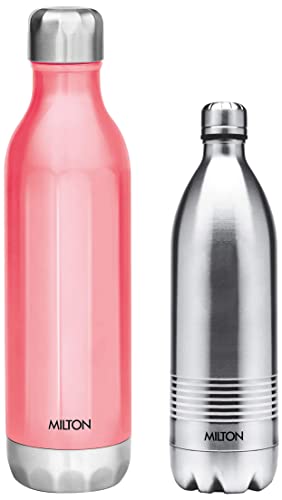 Image of Milton Thermosteel Duo Deluxe Vacuum Insulated Flask, 1L (Silver) & Milton Bliss 900 Thermosteel Water Bottle, 820 Ml (Pink)