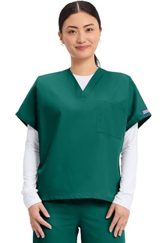 Image of Cherokee Scrubs for Women and Men Unisex V-Neck Tunic Nursing Scrub Top with Chest Pocket, Tuckable Durable Fabric - 4777 | 1 Chest Pocket For Essentials, Traditional Fit, Durable Construction, Comfortable Knit Details, Easy Care, Tuckable Style