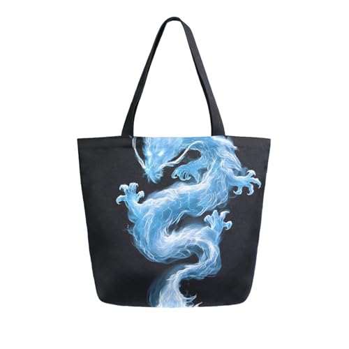 Extra Large Shoulder Tote Bag for Beach Travel Weekender Gym Dragon Blue Black Reusable Grocery Canvas Shopping Bag2