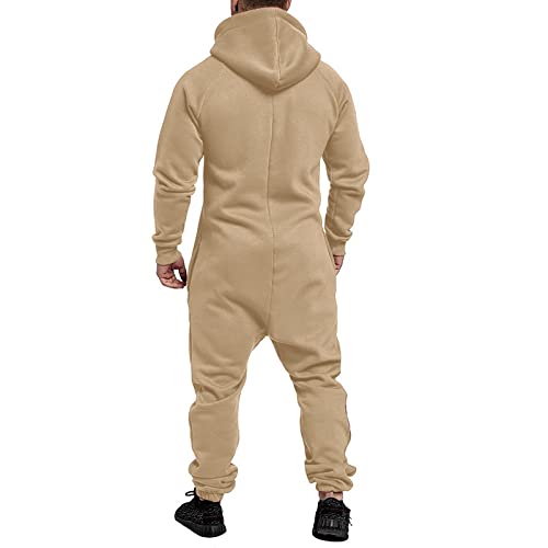 WUAI Onesie Men's Hooded Jumpsuit Zip Up One Piece Pajamas Playsuit Jogger Sweatsuit Overall Romper Khaki3