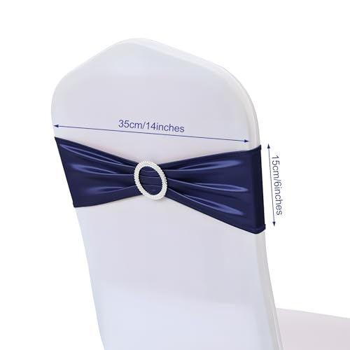 50 PCS Elastic Stretch Spandex Chair Covers Sashes Bands,Bows Sashes Chair Cover with Buckle for Wedding Party Ceremony Events for Folding Chairs Banquet Decorations Chair Decorations (Blue) - Image 3