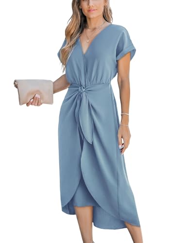 Image of CUPSHE Women's V Neck Wrap Dress Twisted Slit Pleated Waist Tie Short Sleeve Summer Midi Dresses