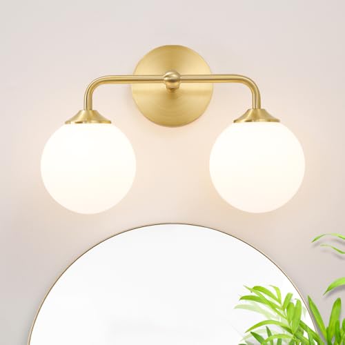 Image of Modern Gold 2-Lights Bathroom Light Fixtures, Brass Vanity Light with Milky White Globe Glass Shade, Elegant Vanity Light Fixtures over Mirror, Wall Sconce Light for Bathroom, Mirror, Dressing Table