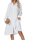 AIRRUMVE Women's Casual Collar V Neck Button Down Long Sleeve Loose Midi Shirt Dress with Pocket White Medium