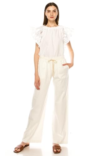 Eevee Women's Cotton Linen Pants, Summer Wide Leg Casual Loose Drawstring Elastic Waistband with Pockets