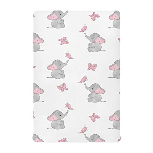 Elephant Butterfly Crib Sheets for Boys Girls Pack and Play Sheets Portable Mini Crib Sheets Fitted Crib Sheet for Standard Crib and Toddler Mattresses Baby Crib Sheets for Girls Boys, 39x27IN