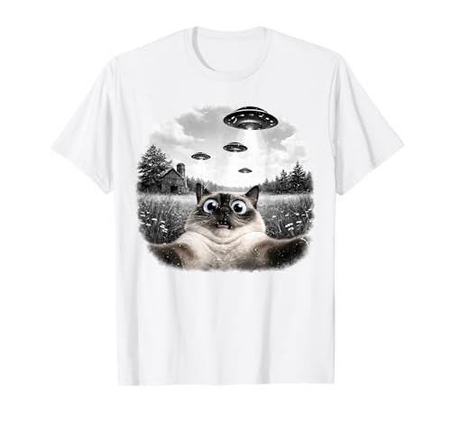 Cat Selfie UFO Alien Funny Surprised Scared Siamese Dad Mom T-Shirt