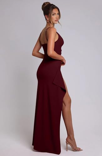 Image of Memoriesea Women's Sexy Plunge Neckline Bodycon Ruched High Slit Party Maxi Dress