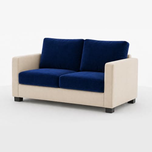 Image of FURNY Haster 3 Seater + 2 Seater Fabric Sofa Set with 1 Ottoman (Dark Blue-Cream) with Velvet Finish | Durable Comfort | Ideal for Living Room