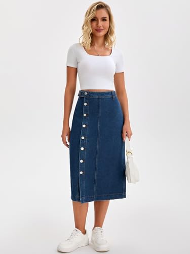 Women Denim Midi Skirt High Waisted Button Up Casual Slit Jean Skirts2