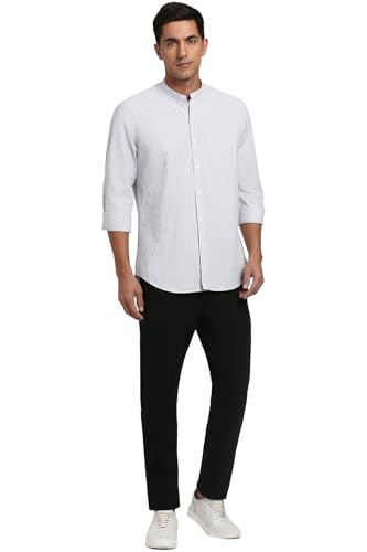 Image of Peter England Men's Casual Mandarin Collar Slim fit Full Sleeve Shirt in 100% Cotton Seersucker with Striped Design