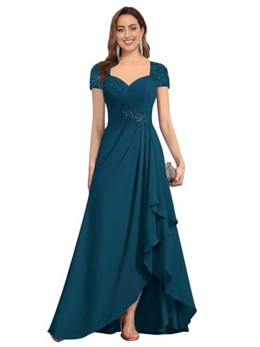 Mother of The Bride Dresses for Wedding Guest Short Sleeves Beaded Chiffon Formal Evening Gown JH015