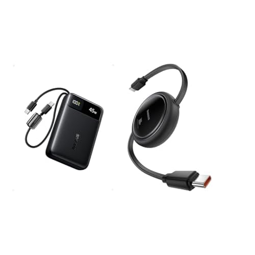 Baseus 100W Retractable USB C 5A Fast Charging Cable Bundle with 20000mAh Compact Portable Charger 45W, CCC Certified Power Bank Built-in USB-C Cables