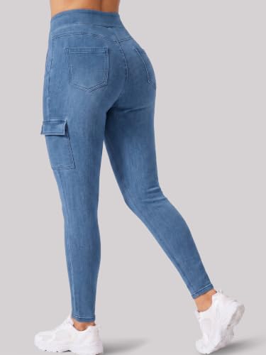 Fisoew Womens Skinny Cargo Jeans High Waisted Denim Pants Flap Pocket Blue — view 3