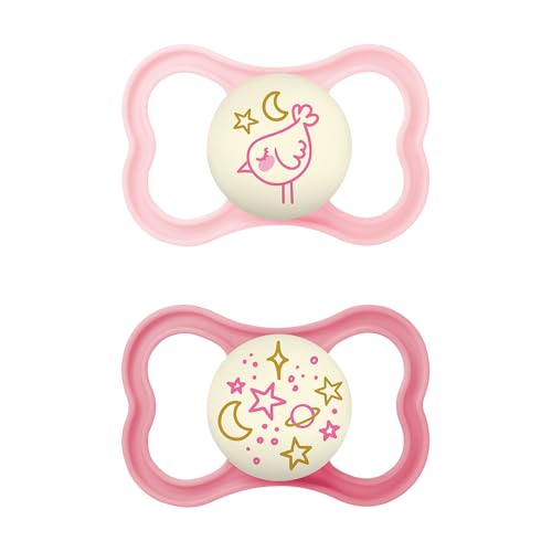 MAM Chupete con Escudo Ventilado, Brilla en la Oscuridad, a Partir de 6 Meses, Tetina Extra Delgada y Flexible de Silicona Fácil Aceptación, con Caja Autoesterilizadora, MAM Supreme, Rosa Mate, 2uds