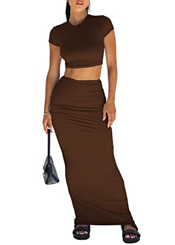 Image of Two Piece Skirt Set for Women 2 PC Y2K Outfits Short Sleeve Crop Tops Bodycon High Waist Long Maxi Skirts