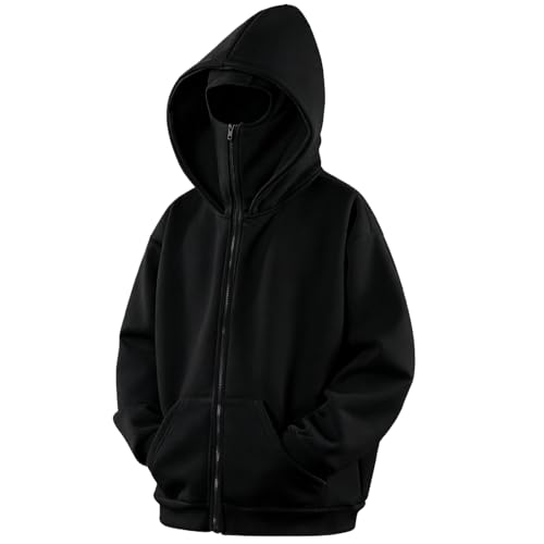 GIJOVANA Warme Zip Hoodie Herren mit Sturmhauben Hip Hop Sweatjacke mit Kapuze Oversized Kapuzenpullover mit Motorradmaske (Schwarz,M)
