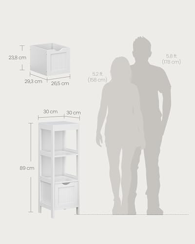 VASAGLE Badkommode, Badschrank, vielseitig einsetzbares Badregal mit 4 Etagen, Badezimmerschrank aus Holz, Eckschrank, Medizinschrank, weiß, BBC42WT