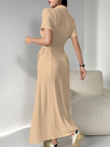 Image of Shasmi Women's Solid Color Applique Lace-Up Collared Short Sleeve, Side-Tie Waist Long Casual Maxi Women Dress Outfit Long Evening Midi Western Party Dress for Women (Dress 211)
