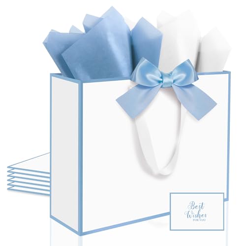 Ethhqu 3 Pack Elegant Large Gift Bags with Handles 12.6x10x4 Inch - Set Includes Tissue Paper & Cards for Birthday Baby Shower Wedding Anniversary Mothers Day & Holiday Gifts (3Pcs White with Blue Rim)