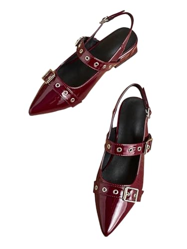 SHENHE Women's Slingback Flats Low Heels Pointed Toe Patent Leather Rivets Dress Pump Shoes
