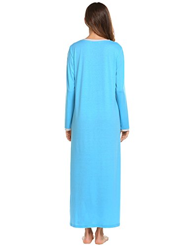 Ekouaer Womens Cotton Knit Long Sleeve Nightgown for Women, Henley Full Length Sleep Dress,Blue,X-Large