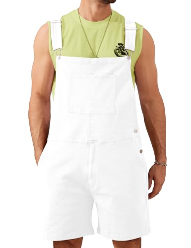 YXLUOKY Overall Shorts for Men Stretchy Romper Work Jumpsuits Bibs Coveralls Overol Para Hombre(White M)