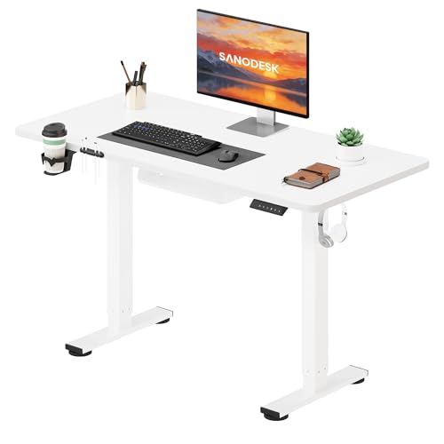 SANODESK Höhenverstellbarer Schreibtisch 110×54 cm – Kompakter Standing Desk mit praktischem Zubehör, ideal für kleine Räume, leise & sicher mit Anti-Kollisions-Schutz(Weiß)
