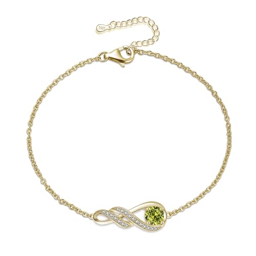 LOCIBLO August Birthstone Bracelets for Women 925 Sterling Silver Green Created Peridot Bracelet Gold Plated Infinity Pendant Jewellery 6.7+1.2
