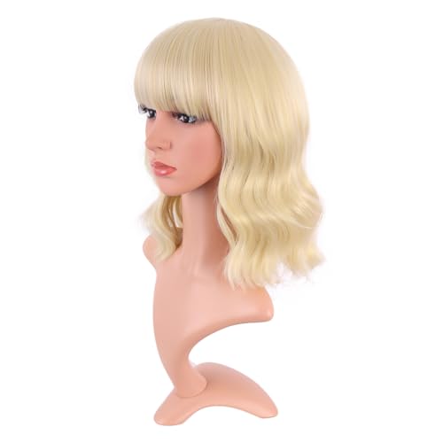 Image of MapofBeauty 14 Inch /35 cm Short Wavy Curly Women Fresh Bright Synthetic Ordinary Flat Bangs Bob Wig (Mixed Blonde)
