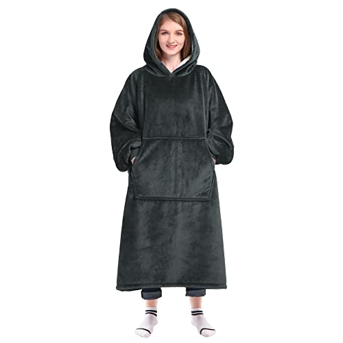 Image of Waitu Wearable Blanket Sweatshirt Gifts for Women and Men, Sherpa Wearable Blanket Adult, Oversized Blanket Hoodie, Thick Sherpa Blanket, Warm Body Blanket Robe - Dark Gray
