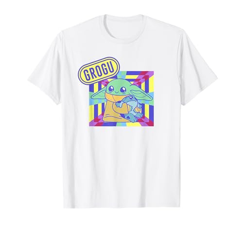 T-shirt Grogu Star Wars Mandalorian style psychédélique en coton noir col rond pour adulte