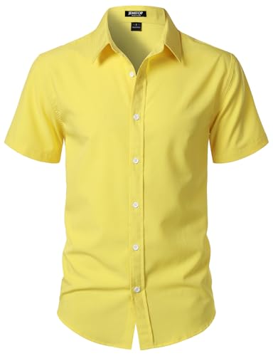 JEMITOP Mens Stretch Wrinkle-Free Textured Shirt Summer Lightweight Short Sleeve Button Down Vacation Beach Casual Shirts Yellow L