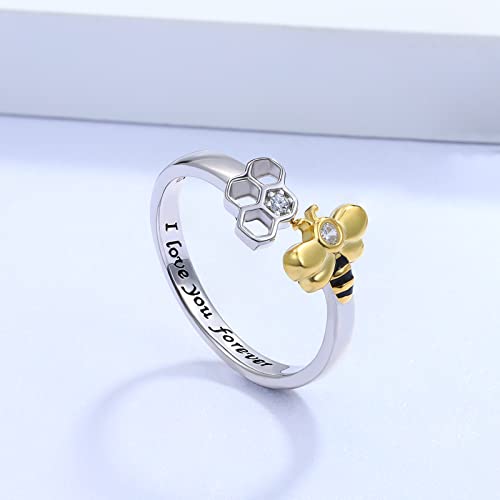 925-Sterling-Silver Honeycomb Bumble Bee Ring - Dainty Cubic Zirconia Adjustable Open Gold Honey Bee Rings Cz Cute Animal Lucky Pinky Toe Knuckle Thumb Ring Engraved "I Love You Forever" Bumblebee Lovers Jewelry Gifts For Women Teen Girls (Honeycomb Bee Ring) #TOP2