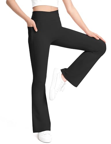 KEREDA Girls Flare Leggings High Waist Cross Bell Bottoms for Girls Yoga Dance Pants with Pockets Size 7-14 Years