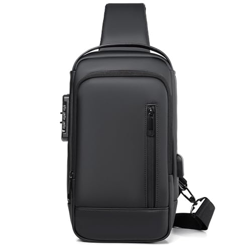 PEAGLOB Travel Sling Bag Waterproof Crossbody Bag with Combination Lock Anti-Theft PU Leather Chest Bag with USB Charging Hole Shoulder Backpack Black