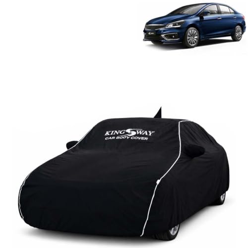 Image of KINGSWAY Super Waterproof Car Cover Only with Maruti Suzuki Ciaz (Year 2018 to 2025 - All Model) | Mirror and Antenna Pockets | All Weather Car Body Cover with Silver Piping | Black