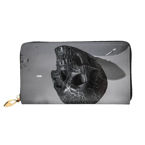 Portefeuille long motif tête de mort gothique en cuir synthétique avec fermeture éclair