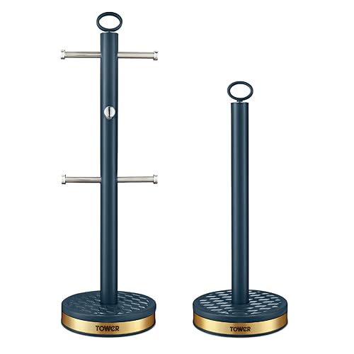 Tower T826092MNB Empire Mug Tree and Towel Pole Set, Stainless Steel, Anti-Slip, Midnight Blue and Brass
