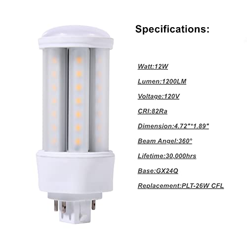 Satzol Gx24Q 4 Pack 12W Gx24Q 4 Pin Base Led Bulb Warm White 3000K, Equivalent Plt-26W Gx24Q-3 Compact Fluorescent Light Bulb, Bypass The Ballast(Remove The Ballast) #TOP1