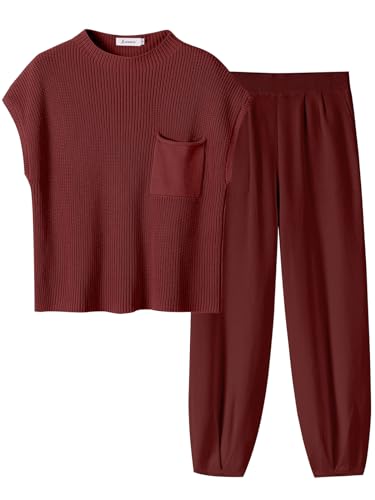 Image of ANRABESS Women's Two Piece Outfits Sweater Sets Knit Pullover Tops and High Waisted Pants Tracksuit Lounge Sets
