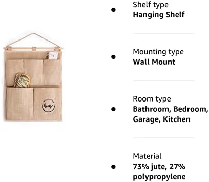 Ocean Home Textile Natural Jute Hanging Organiser with 5 Pockets, Wall Storage Organizer