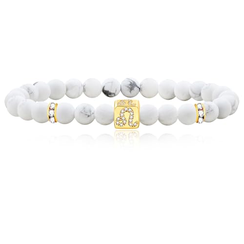 Image of Inlaid Zircon 12 Constellation Adjustable Stretch Bracelet - 6mm Frosted White Turquoise Beaded Bracelets for Women Men SJYA4647