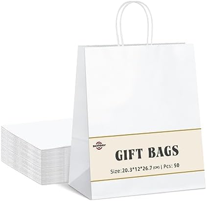 Switory 50pc Paper Bag with handles. White Kraft Gift Bags for Presents to Party Favor, Birthday,Christian,Thanksgiving,Christmas, Wedding13.3x9.5x20.3cm